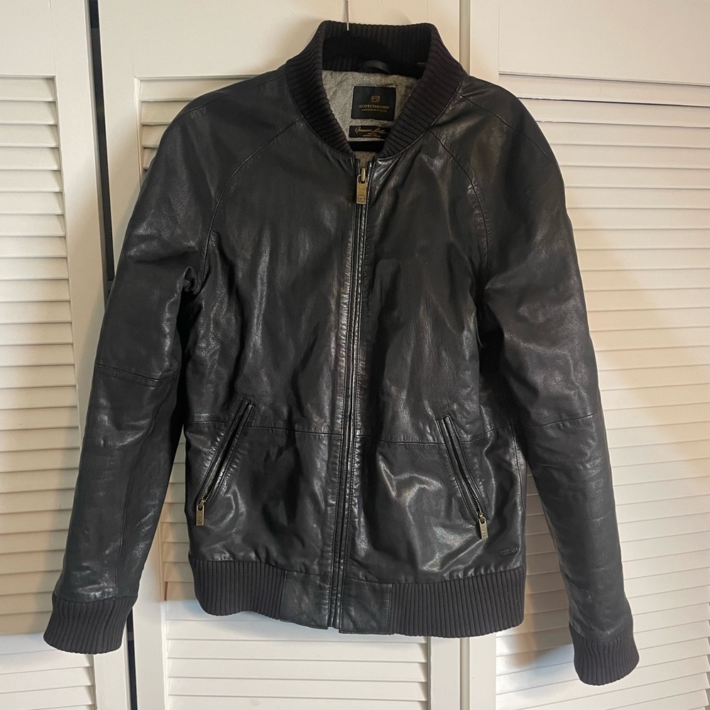Scotch and Soda Black Leather Bomber Jacket